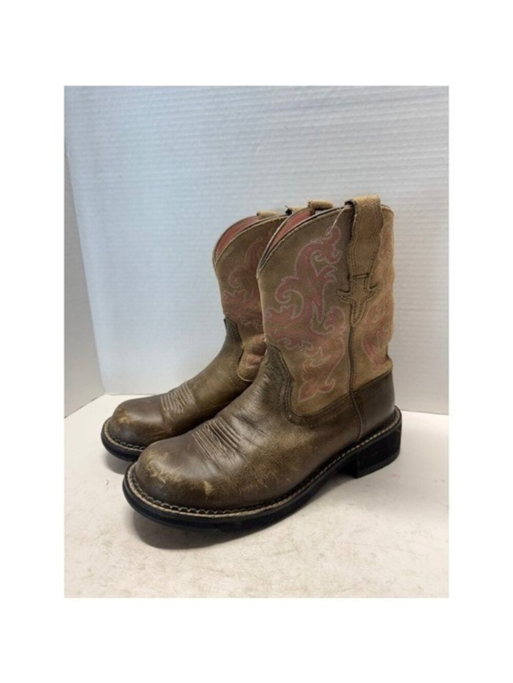 Ariat Fatbaby Original Brown Leather Pink Embroidery Western Boots 10004730 9.5B